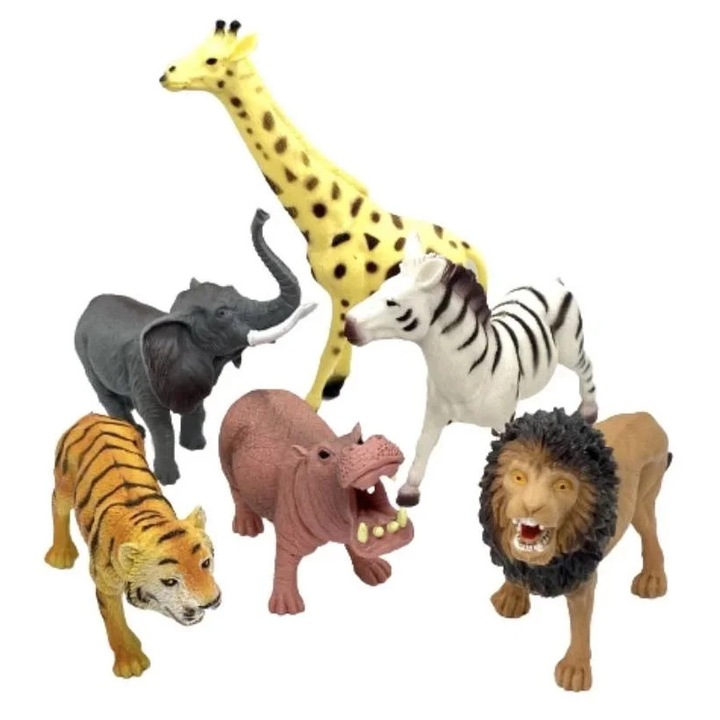 Set complet de 6 animale salbatice de jungla si savana din plastic rezistent pentru copii, E-Toy®