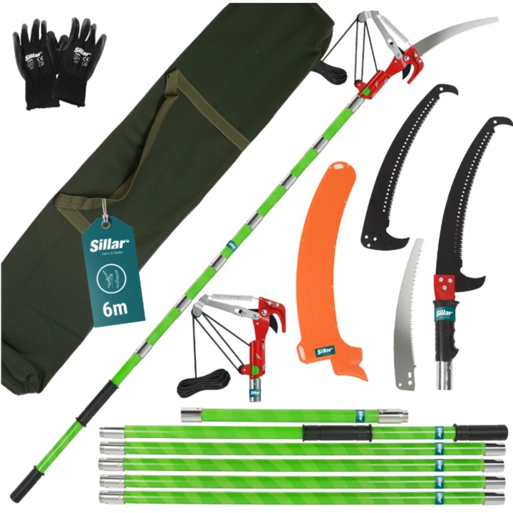 Fierastrau manual de gradina Sillar, telescopic 2 in 1, 6 tije, set cu 2 lame de taiat, verde, 2m-6m