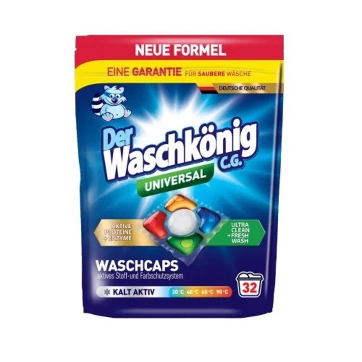 Detergent rufe Der Waschkonig Kapsulki 32szt x 19g, formula 5-comorowa, universale, pentru rufe albe si colorate