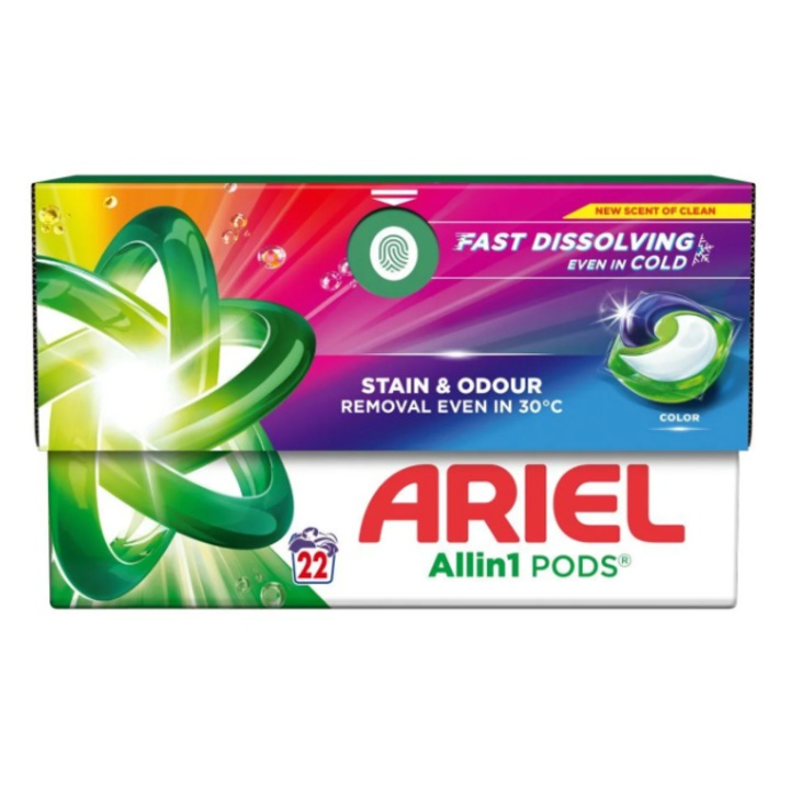 Detergent rufe, Ariel, Allin1 PODS, set 22 capsule, colorat, eficienta la 30C