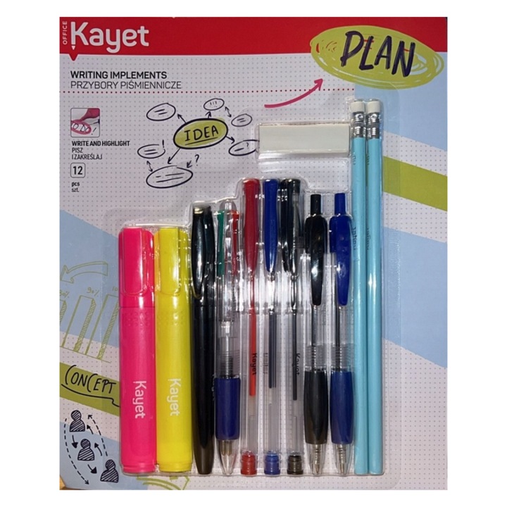 Set 12 piese Kayet, instrumente de scris pastelate, culori: verde, albastru, roz, ergonomice
