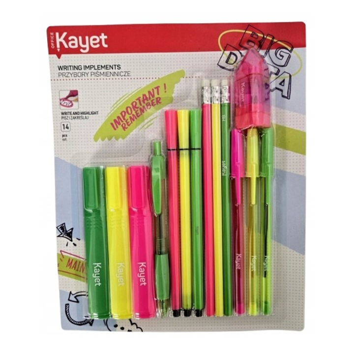 Set 12 accesorii scolare neon, Kayet, culori intense, multifunctionale