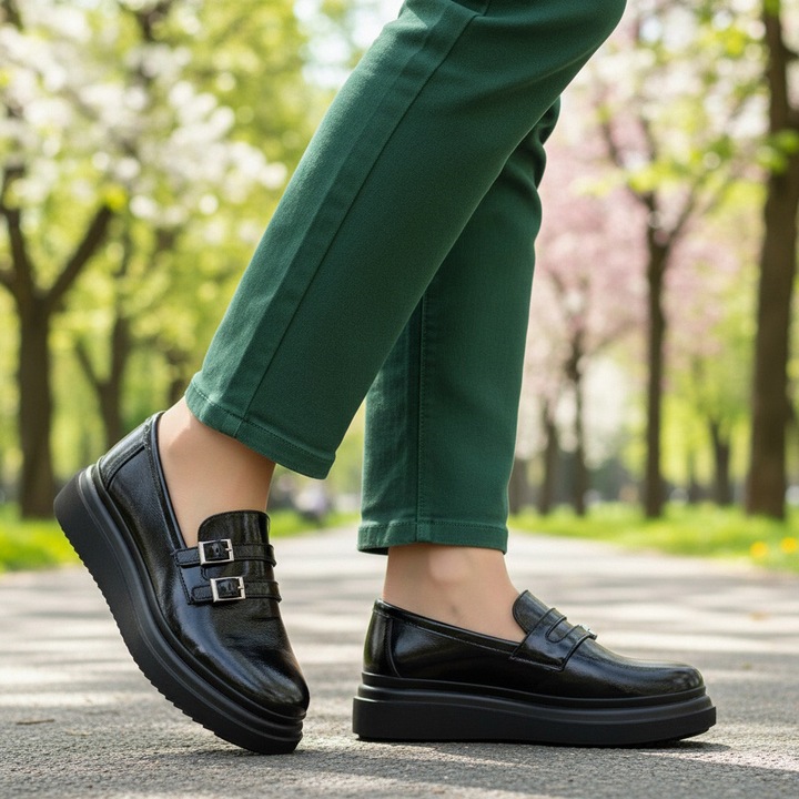 Pantofi dama ortopedici din piele naturala lucioasa cu catarame, Negru