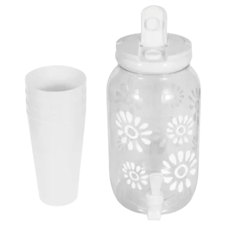 Dozator din plastic cu robinet, Alb, 3, 8 l, cu 4 pahare din plastic