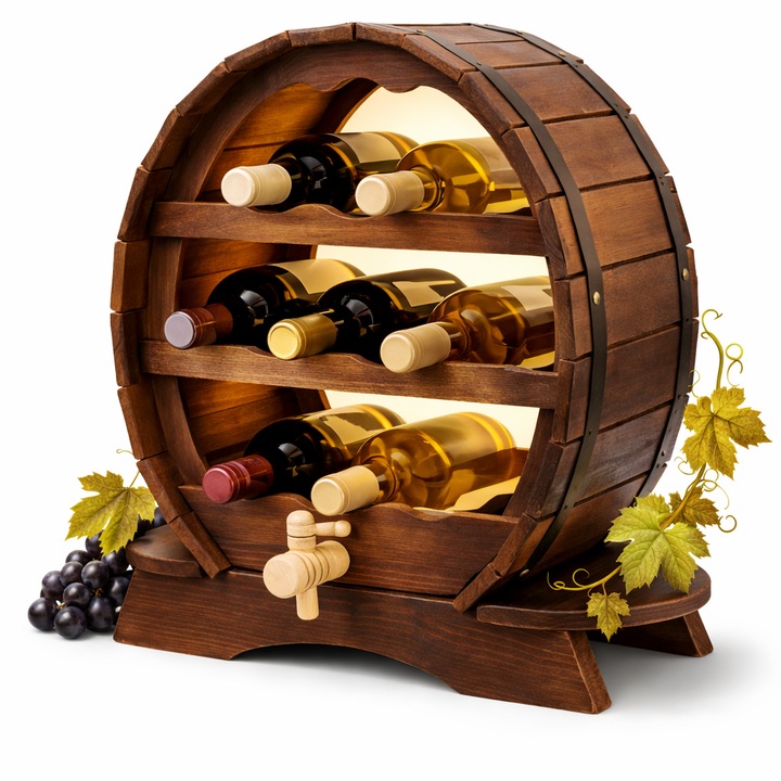 Suport Vin Premium Tip Butoi din Lemn, cu Robinet, Capacitate 7 Sticle si 2 Pahare, Design Rustic Elegant, Model Decorativ