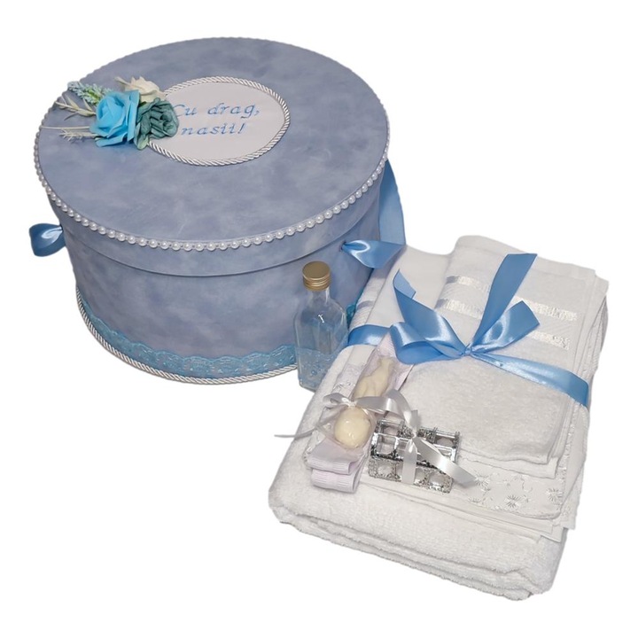 Cutie trusou botez din catifea, personalizata cu mesaj de la nasi si trusou inclus, bleu, Denikos NK161