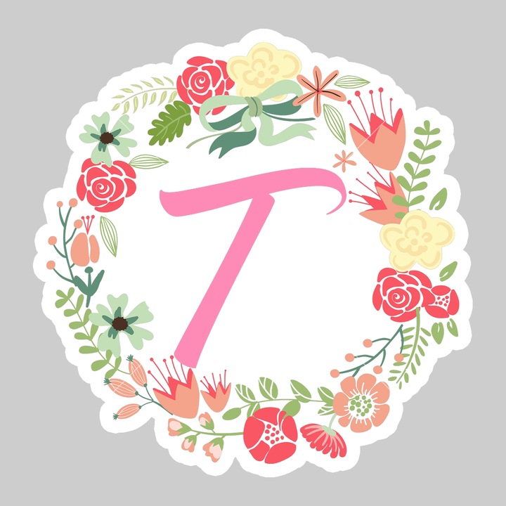 Sticker Litera T Colectia Flori Text Roz, Autoadeziv, Cool Funny Texte, Cri-Flo, 25 cm