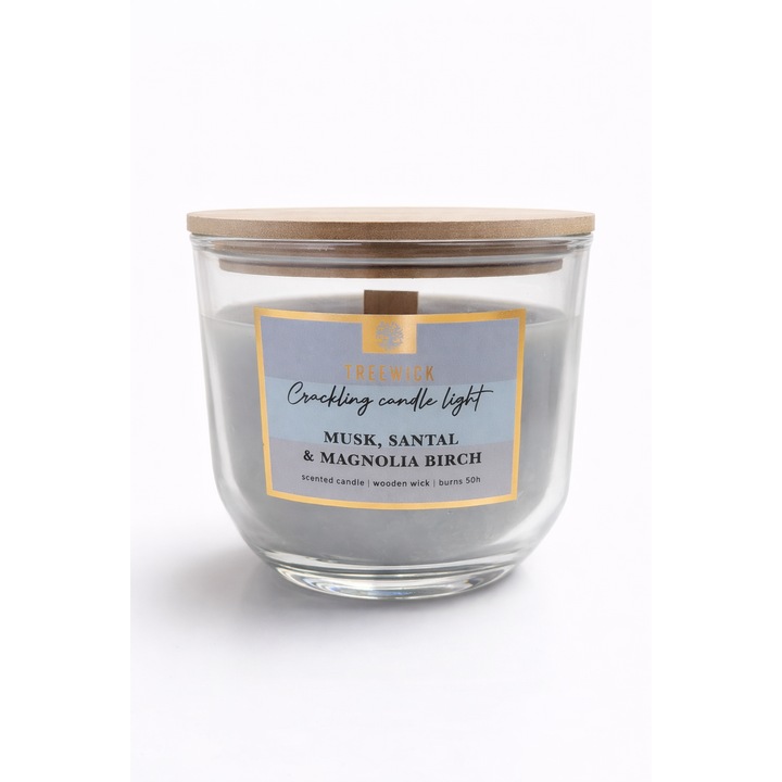 Lumanare parfumata TreeWick, fitil din lemn, Musk, Santal & Magnolia Birch, in pahar cu capac, 50h ardere