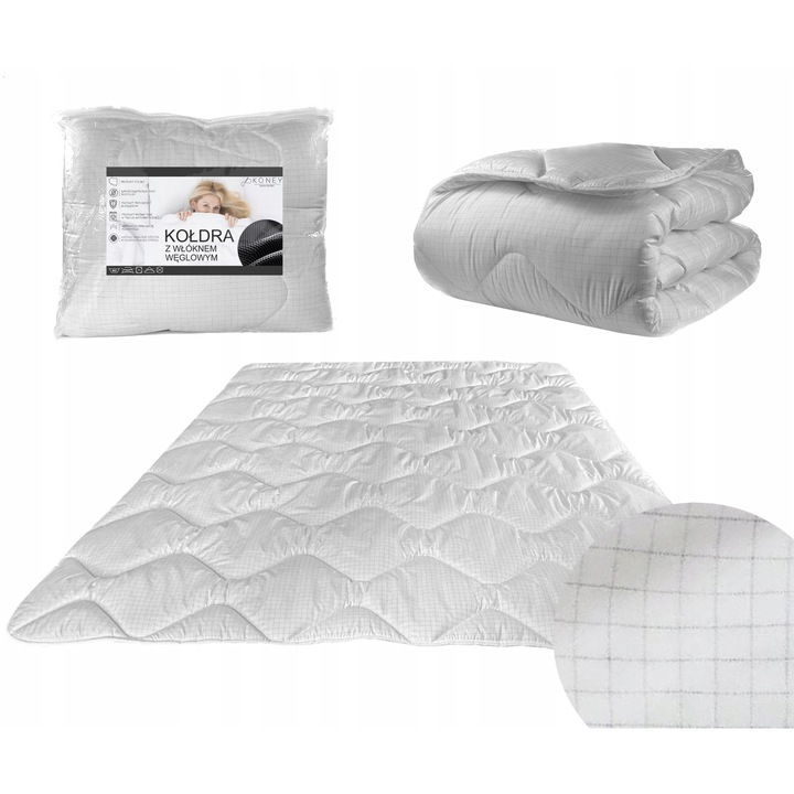 Pilota Antistres, KONEY, Cu Fibra De Carbon, Antialergica Si Calduroasa Pentru Iarna, Neutralizeaza Sarcinile Electrostatice, Umplutura Siliconica Pufoasa, Include Valiza Pentru Depozitare, Se Spala La 60 Grade, 140x200 cm, Alb Cu Carouri