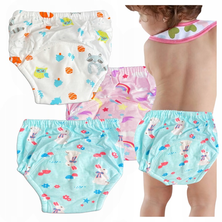 Set 3 chilotei antrenament pentru olita, WatchMe, Multicolor, 12-16 kg, Bumbac 100%, modele unicorn iepure si vulpe, strat interior absorbant moale, usor de folosit pentru copii, previn micile accidente, ideali pentru perioada de tranzitie