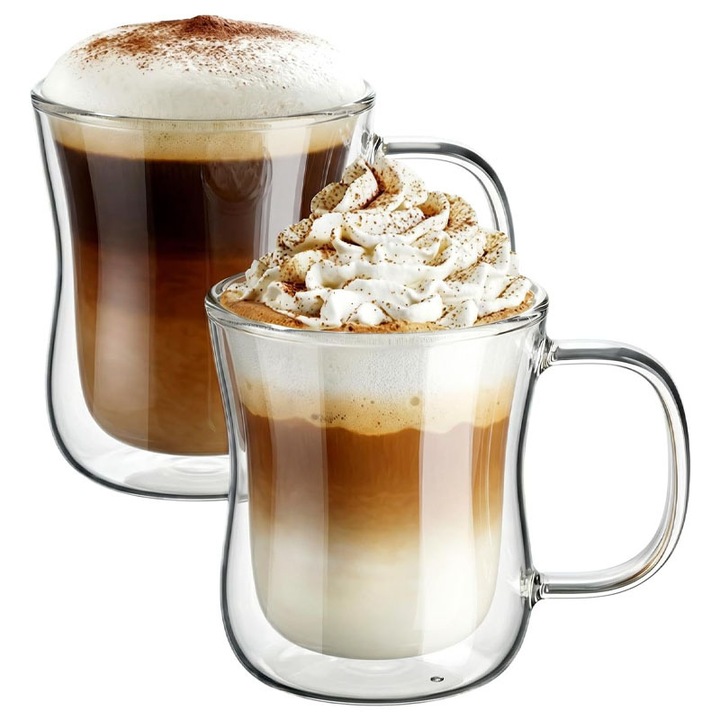 2 db Duplafalú Pohár Készlet Fogantyúval, Omelivon, 250 ml, Prémium Hőálló, Modern Design, Átlátszó Kávésbögre, Cappuccino, Tea, Üveg, Átlátszó