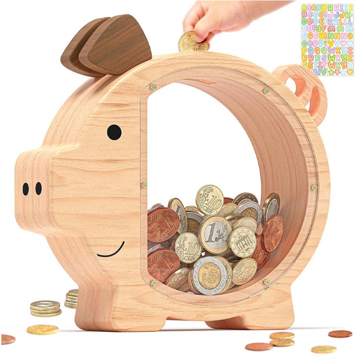Pusculita Pentru Copii, Omelivon, Materialul Din Lemn, Ecologic, Inofensiv, Nu se Sparge, Cum Cheltuim cu Intelepciune, Urmarirea Vizuala a Progresului, Invatare Financiara Prin Joc, 25×22.5×4cm, Naturala