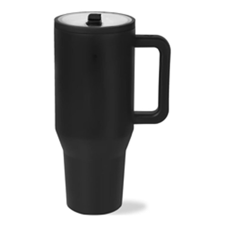 Термос чаша с дръжка и сламка, Omelivon, 1200 ml, Поддържа температурата дълготрайно, Двойна термоизолация, Капак с многократна сламка, Устойчива на течове, Използване в автомобил с поставка за чаша, Неръждаема стомана, Ергономичен дизайн, Черен