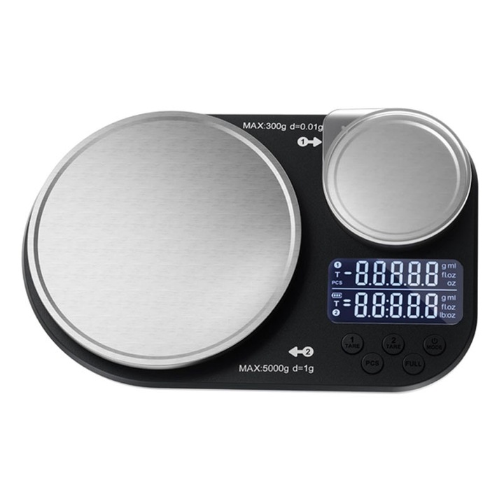 Okos Konyhai Mérleg, Omelivon, Kétlapos Mérleg, 5Kg, 0.1g Pontosság, Digitális, LCD Kijelző, Támogatja a Súlyok Összeadását a Két Mérlegen, Súlymértékegység Váltás, Rozsdamentes Acél, TÁRA Funkció, Fekete/Ezüst