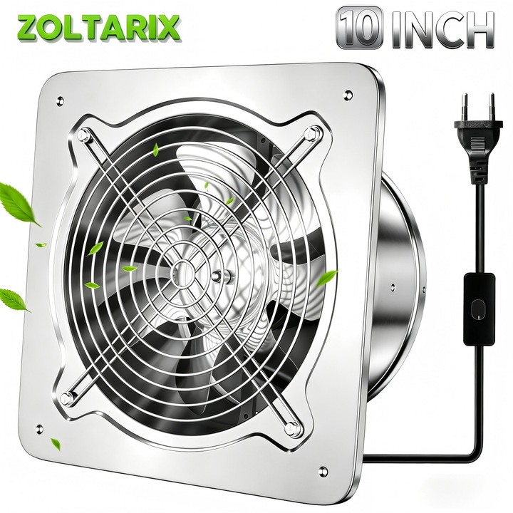 Elszívó ventilátor 10 hüvelyk, ZOLTARIX, 7 lapáttal, 250mm, rozsdamentes acélból, légáteresztő kapacitás 988 CFM, garázsba/otthonba/irodába/kereskedelmi célra, ezüst