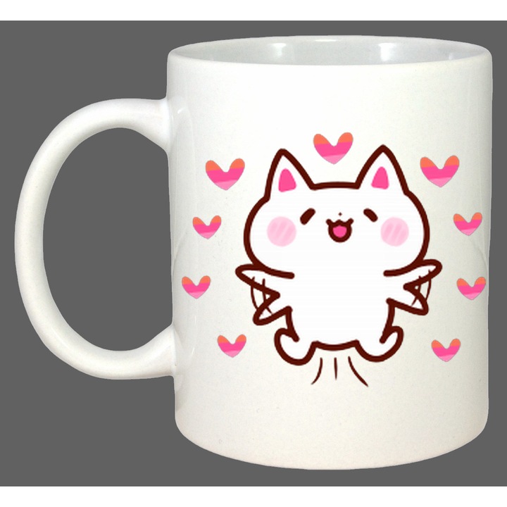 Cana Pisica Alba Fericita Inimioare, Cadou, Sarbatori, Cri-Flo, Culoare Alb, 330 ml