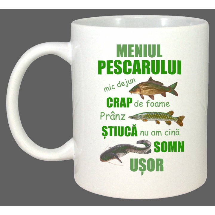 Cana Meniul Pescarului Funny, Cadou, Sarbatori, Cri-Flo, Culoare Alb, 330 ml