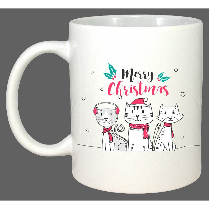 Cana Merry Christmas Pisici, Cadou, Sarbatori, Cri-Flo, Culoare Alb, 330 ml