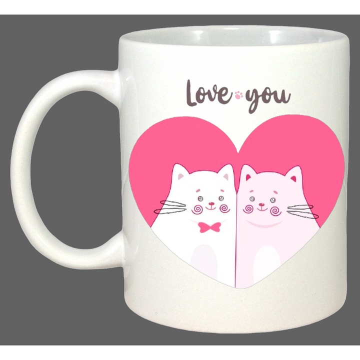 Cana Love You Kitty, Cadou, Sarbatori, Cri-Flo, Culoare Alb, 330 ml