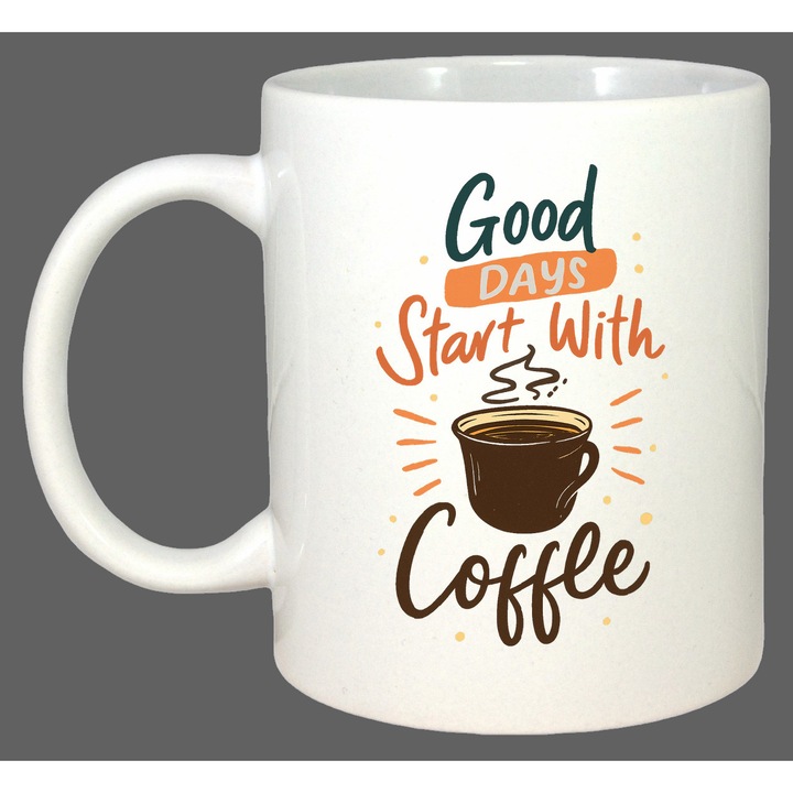 Cana Good Days Start Coffee, Cadou, Sarbatori, Cri-Flo, Culoare Alb, 330 ml