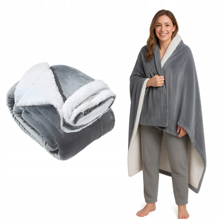 Patura dubla din polar Sherpa, Allbag, gri, 150x200 cm