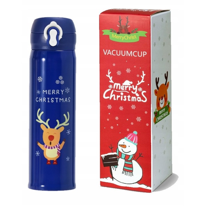 Termosuri, Allbag, Kubek termic 500ml, granat cu imprimeu de ren, 23x6cm, set 1 buc.