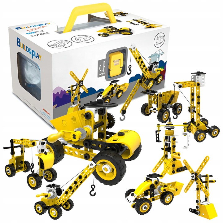 Set de constructie Allbag, vehicule de constructie 8 in 1, 100 elemente, 25,5x15,5x13cm, pentru copii de la 5 ani