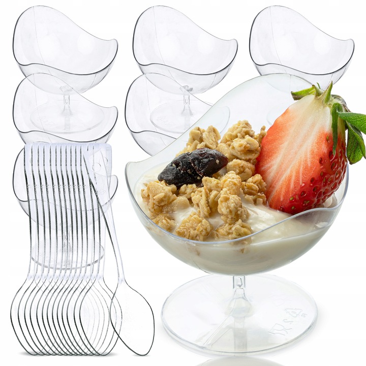 Pahare desert 50 ml, set 12 buc + 50 lingurite, transparente, reutilizabile, pentru deserturi, gustari si degustari