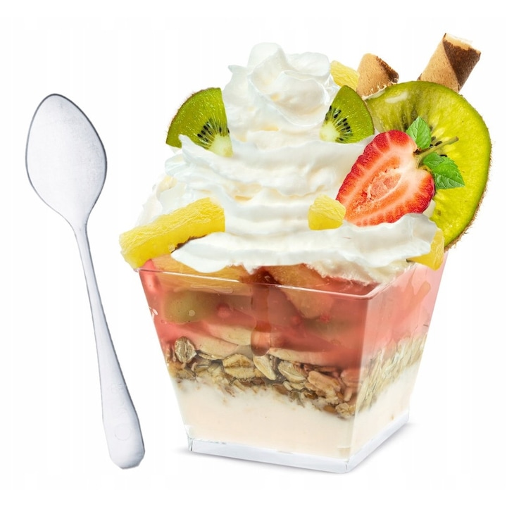 Set 50 pucharki desert 200 ml cu 50 lingurite, transparent, 7x7x4,2 cm