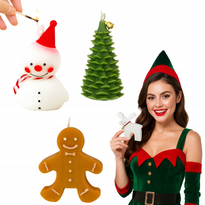 Set lumanari parfumate din ceara de soia, 4 bucati, forme festive, alb, rosu, verde, maro