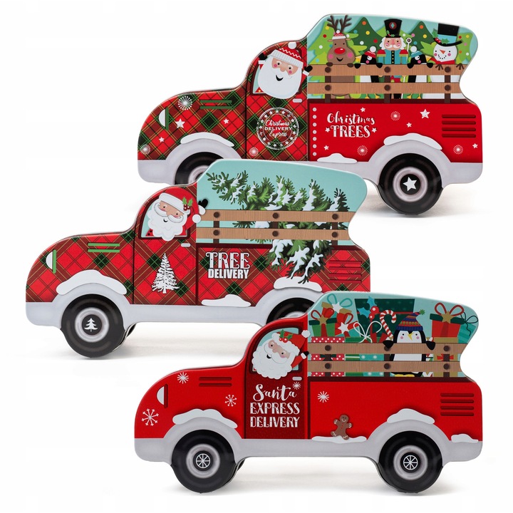 Set 3 Cutii Metalice pentru Cumparaturi, Design Masini, Dimensiuni 20x12x7cm, Motive Sarbatori