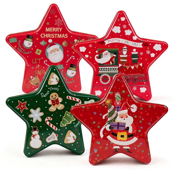 Set 4 recipiente metalice pentru prajituri, bomboane si turta dulce, design festiv, 20x19x6cm