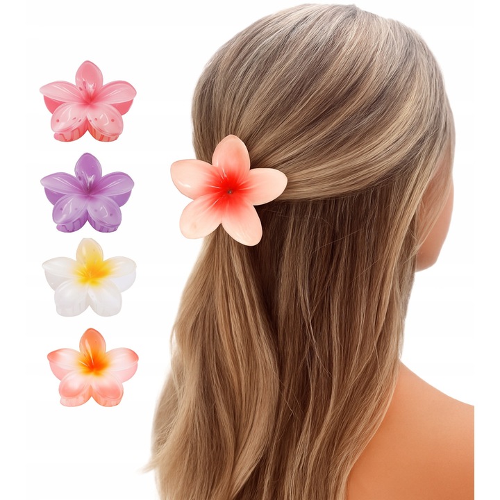 Set 4 cleme par floare 3D, prindere puternica, multicolor, 7,5 cm