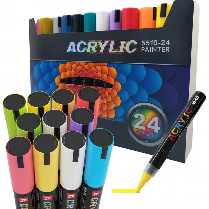 Set markere acrilice waterproof 24 culori, Allbag, 4 mm, multicolor