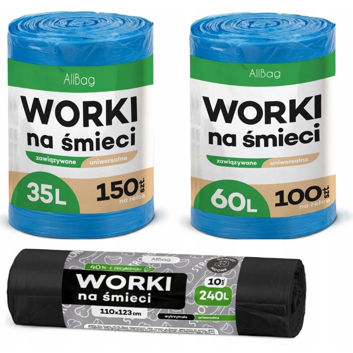 Set saci menajeri Allbag 35L (150 buc), 60L (100 buc), 240L (10 buc), albastru, negru, rezistenti