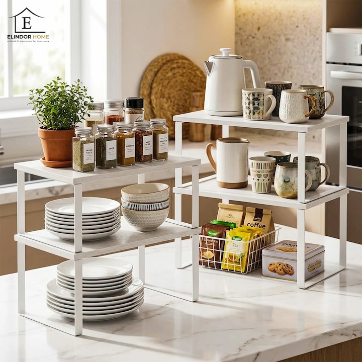 Set 4 Rafturi Elindor® din Bambus, Raft Extensibil, Suprapus pentru Bucatarie, Organizator Metalic Reglabil, Ideal ca Etajera Depozitare in Camara, Birou, Perfect pentru Condimente, Vesela, Farfurii, Stabil si Compact, Polita pentru Obiecte, Alb
