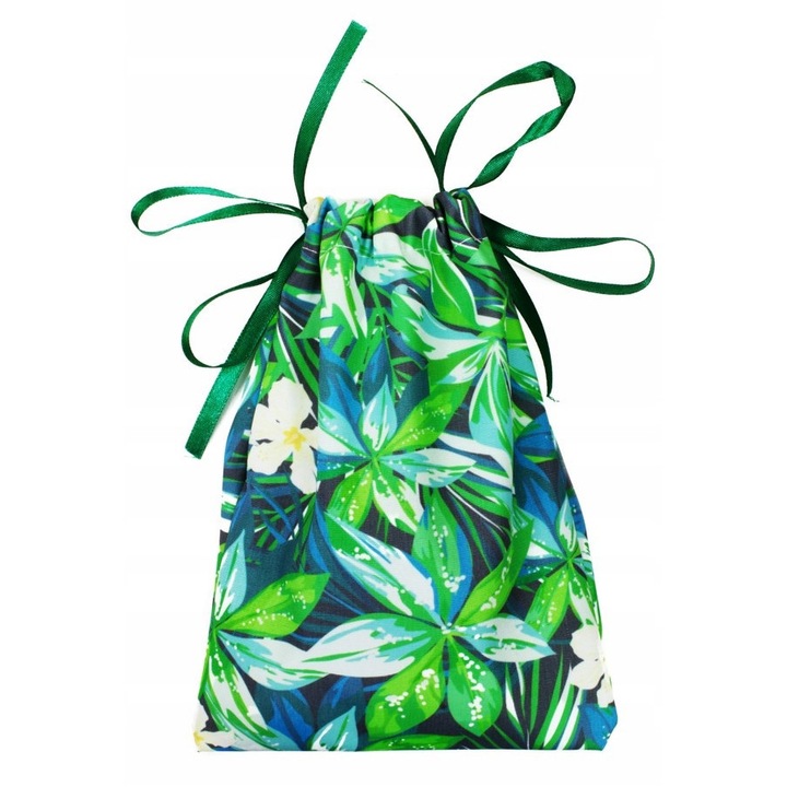 SACULET VERDE DIN POLIESTER 15x20cm CU MOTIV FRUNZE DECORATIV CU PANGICA VERDE