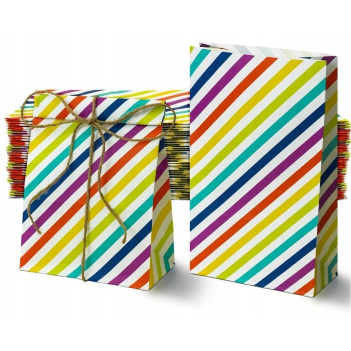 Set 50 pungi de hartie colorate cu dungi, Allbag, 16x27x8cm
