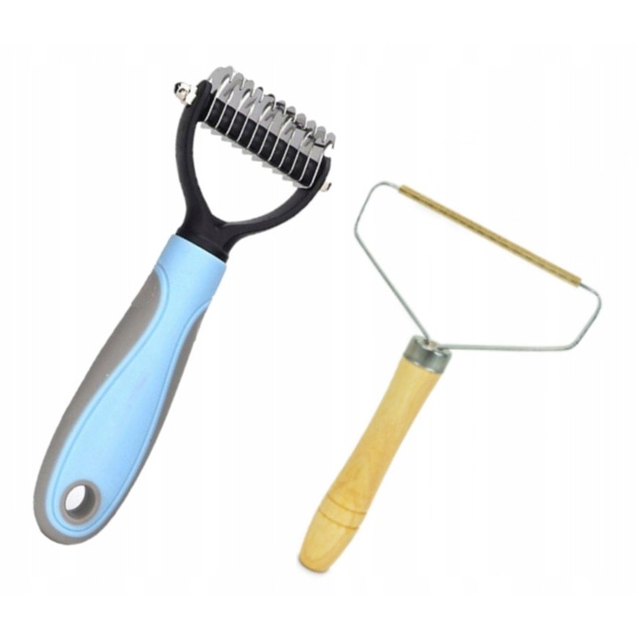 Perie si trimmer pentru par animale, 17 lame din inox, ergonomic, 12x14cm si 18x9cm, pentru caini si pisici