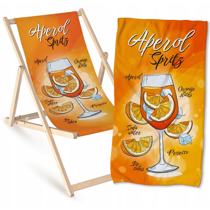 Set sezlong din lemn + prosop de plaja, Aperol Spritz, 55x120cm, multicolor