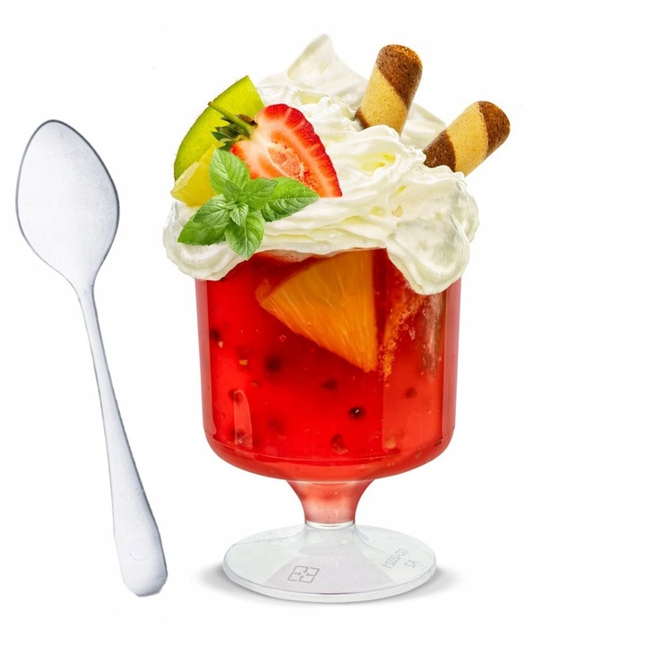 Set puchare desert 150ml, Allbag, transparente, 20 bucati + 50 lingurite, 6,5x8,5cm