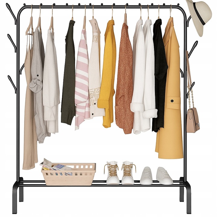 Suport pentru haine Allbag, metalic, negru, 150x110x40cm, cu polca pentru incaltaminte, set 1 buc.