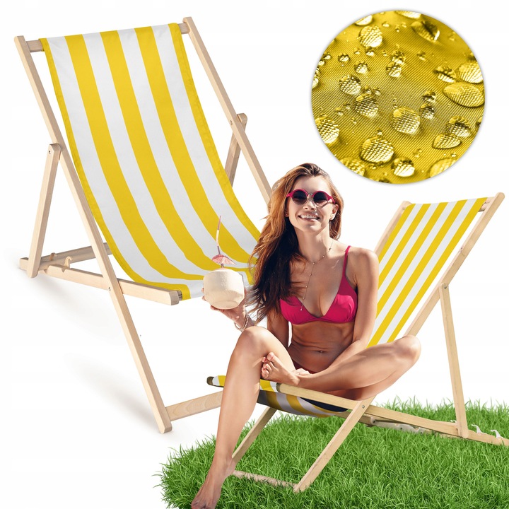 Sezlong pliabil din lemn de fag, galben cu dungi, 55x120cm, 3 trepte de inaltime, Allbag