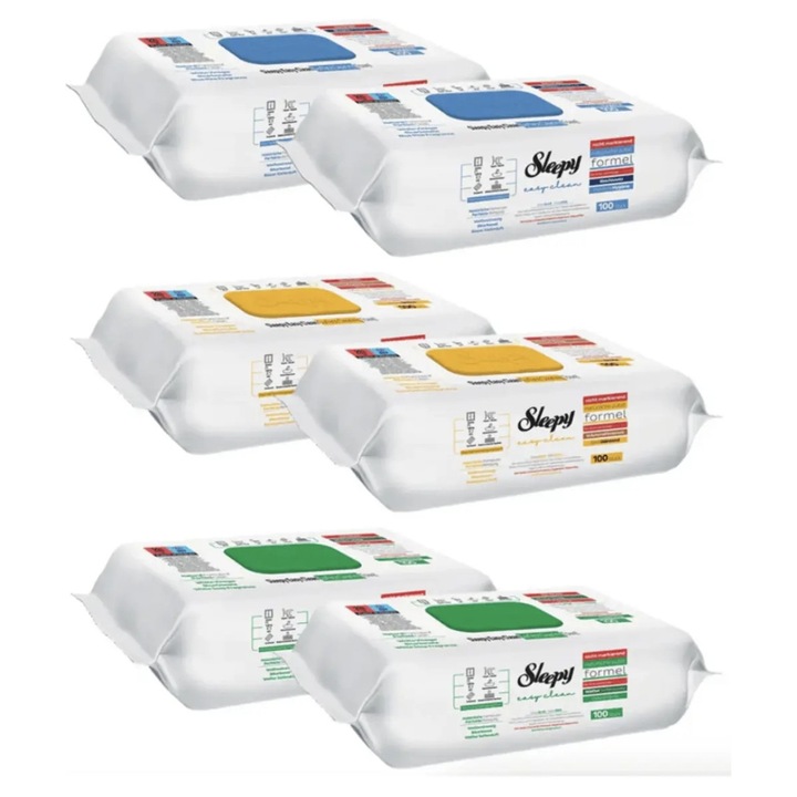 Pachet set Servetele umede Sleepy, 6 x 100 buc, otet alb si bicarbonat, extra large, curatare eficienta