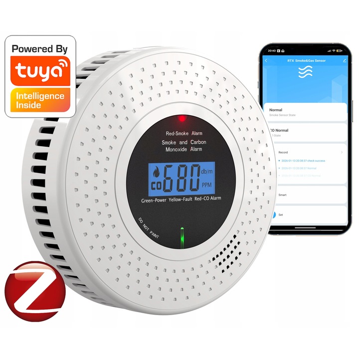 RTX, senzor de fum si monoxid de carbon 2 in 1, ZigBee, alimentare baterie, 105x39mm