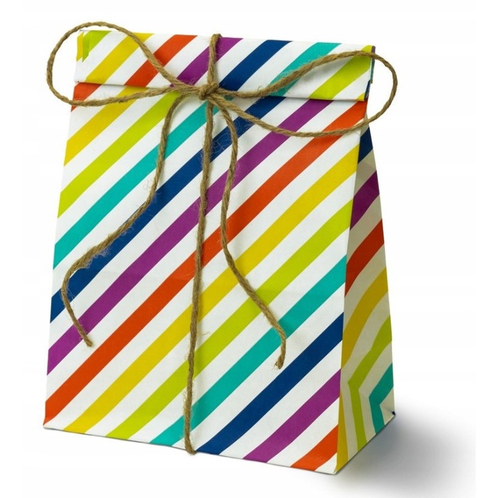Set 10 torbe de hartie colorate cu dungi, Allbag, 16x8x27 cm