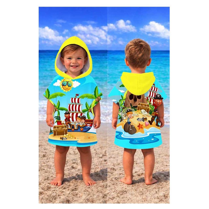 Хавлия за плаж пончо Кингтекс пирати, 1-2 години 50x50см, 60% памук 40% полиестер, Многоцветно