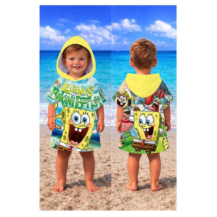 Хавлия за плаж пончо Кингтекс спонджбоб, 1-2 години 50x50см, 60% памук 40% полиестер, Многоцветно