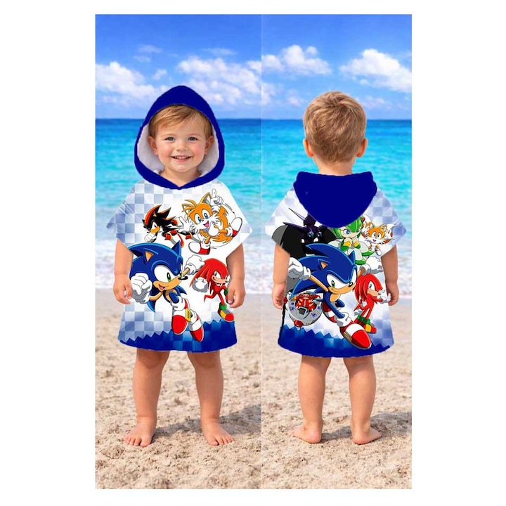 Хавлия за плаж пончо Кингтекс соник, 1-2 години 50x50см, 60% памук 40% полиестер, Многоцветно