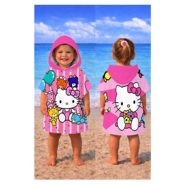 Хавлия за плаж пончо Кингтекс коте, 1-2 години 50x50см, 60% памук 40% полиестер, Многоцветно